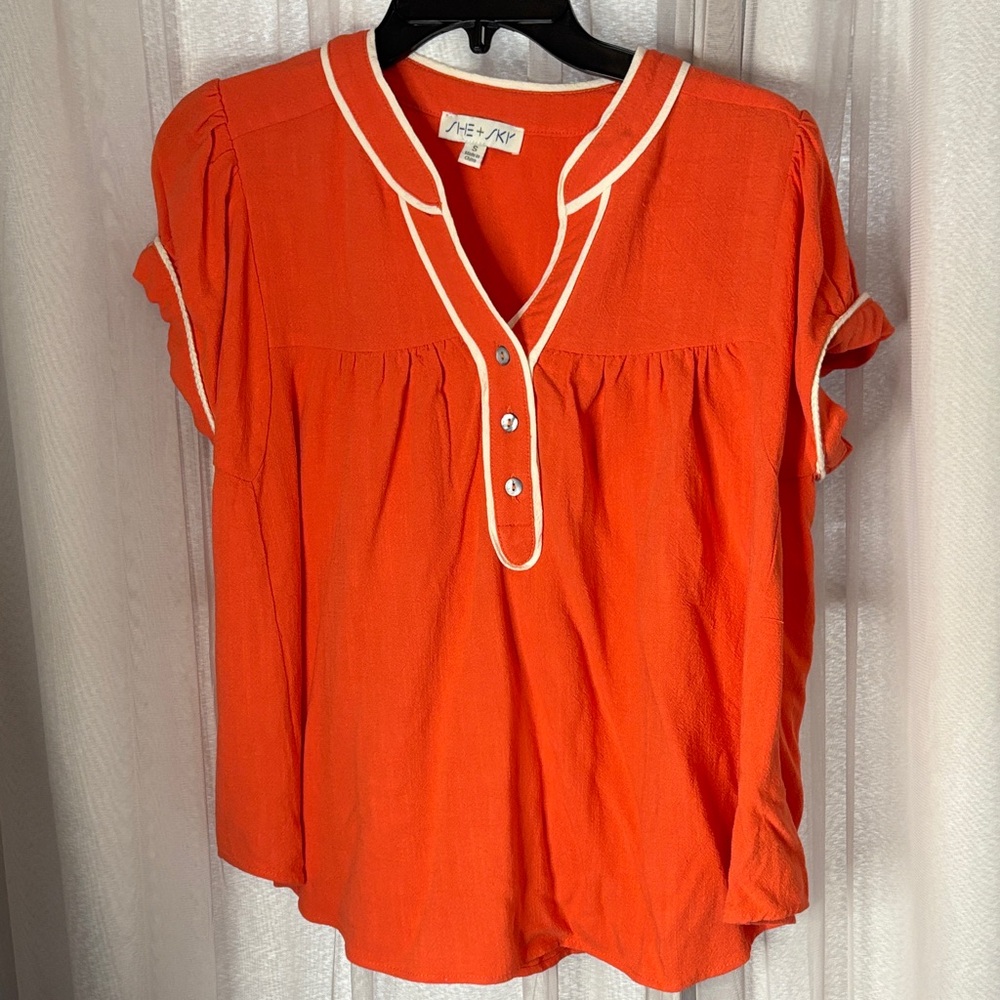 She + Sky Orange Blouse with White Trim
